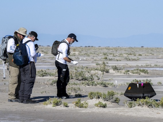 Dante Lauretta (right), UArizona Regents Professor and OSIRIS-REx principal investigator, collects science data with NASA Astromaterials Curator Francis McCubbin and NASA Sample Return Capsule Science Lead Scott Sandford