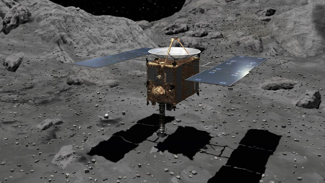 Artist's impression of the Japanese spacecraft Hayabusa touching down on asteroid Itokawa in 2005. UArizona researchers Shaofan Che and Tom Zega analyzed a particle that the Hayabusa mission brought to Earth in 2010.
